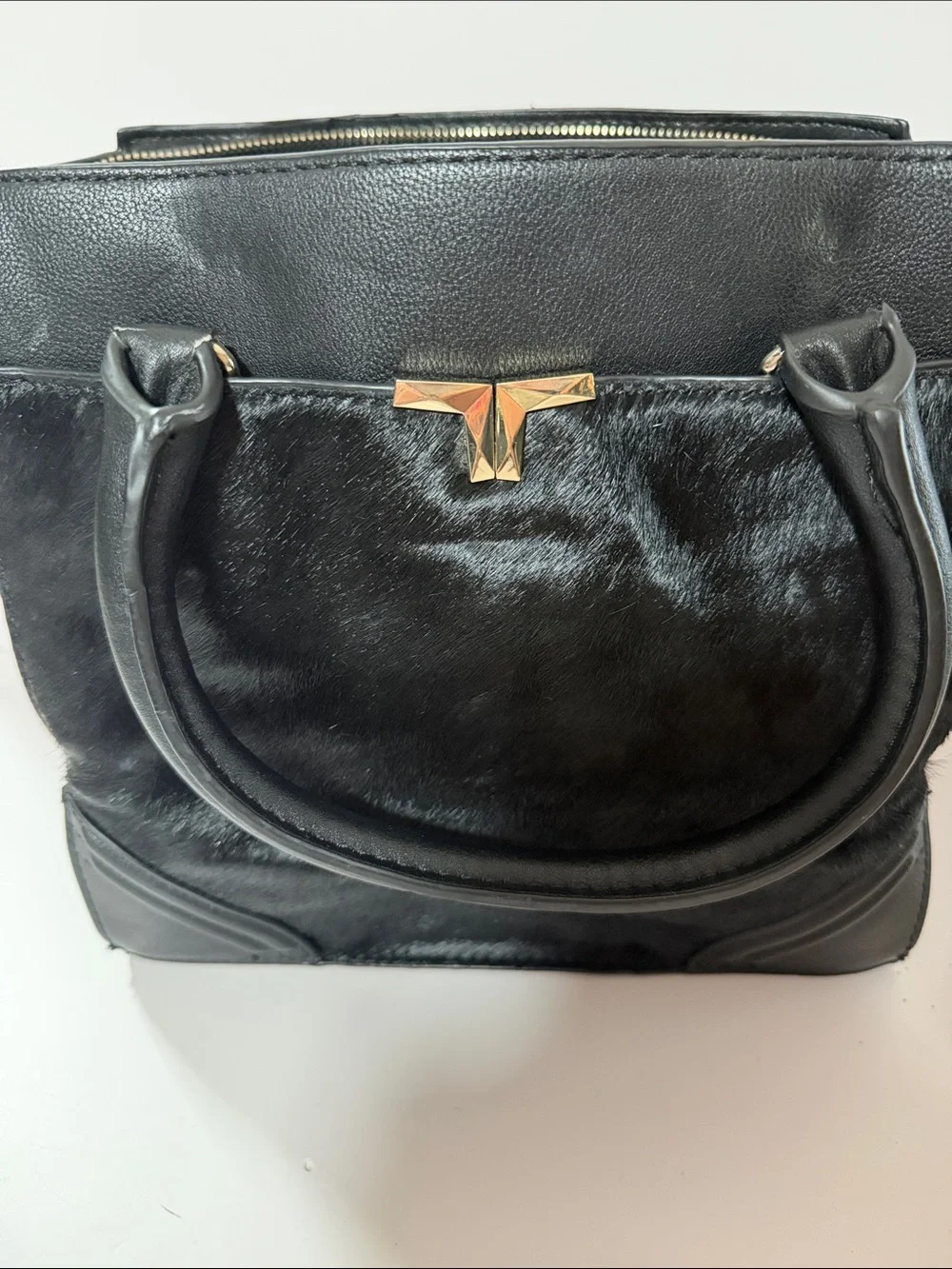 Black Faux Fur Top-Handle Satchel with Gold Accent